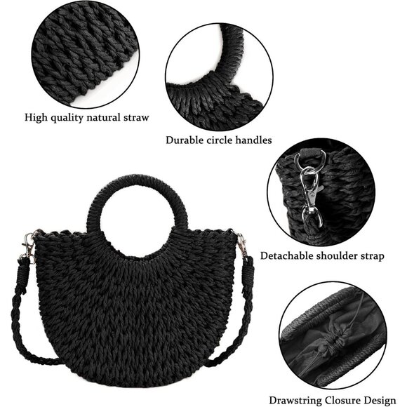 Women's Black Straw Beach Woven Cross Body Shoulder Top Handle Satchel Handbag - Picture 4 of 6